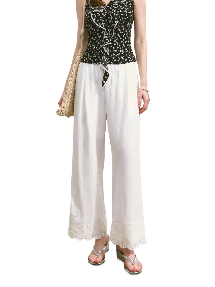 Solid-colored Breathable Lace Wide-leg Pants