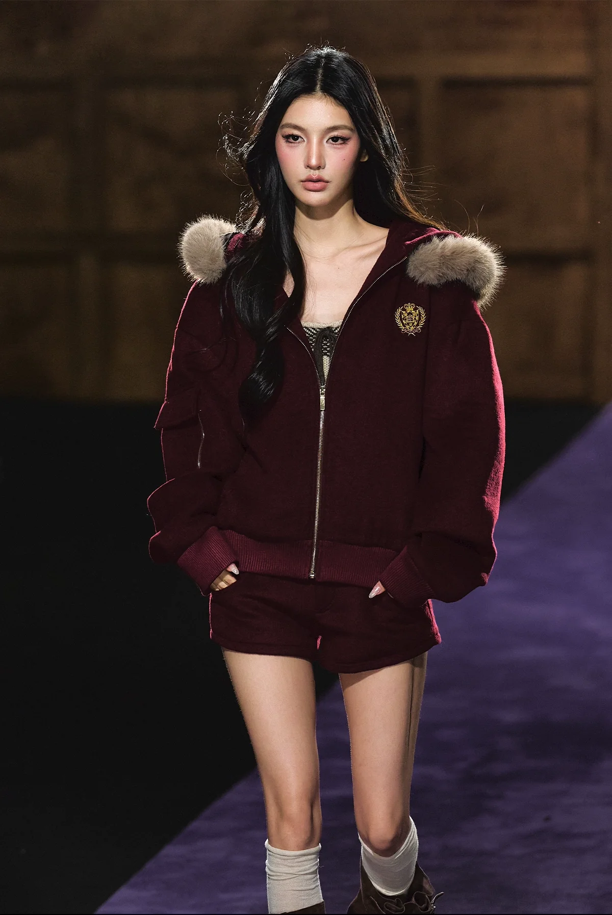 Wool-Blend Faux Fur Hooded Fleece Two-Piece Set