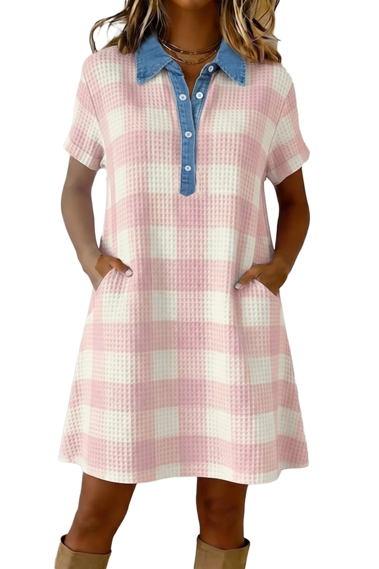 Pink Waffle Plaid Print Contrast Denim Shirt Collar T Shirt Mini Dress