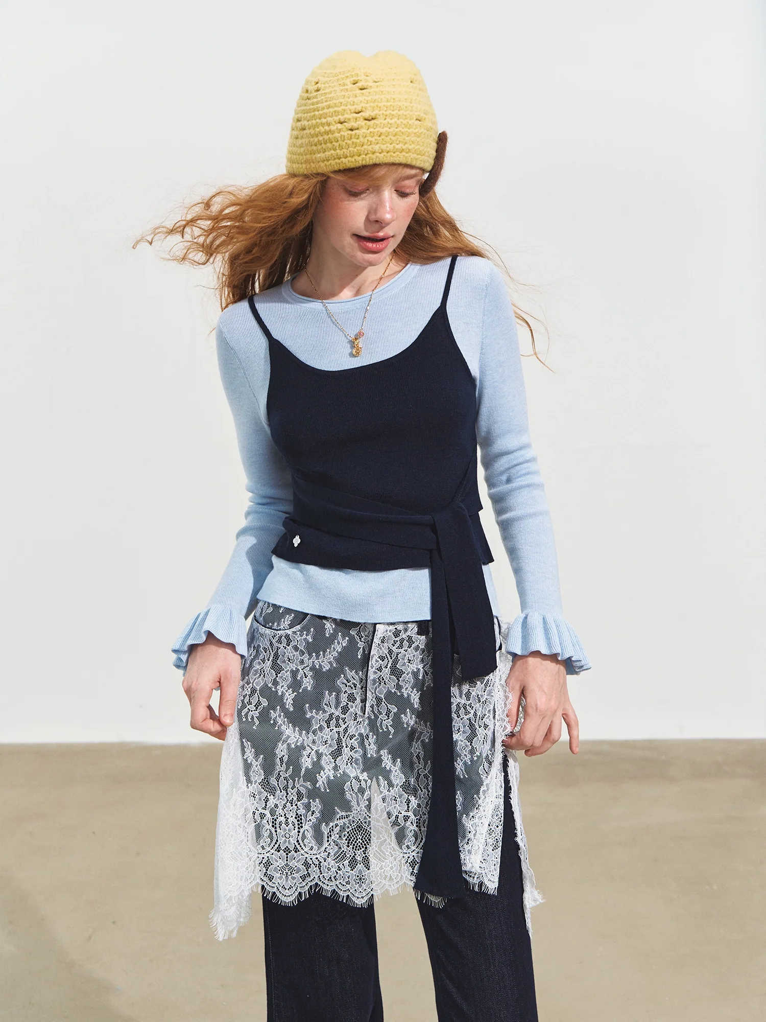 Contrast-Tie Layered Crewneck Knit Sweater