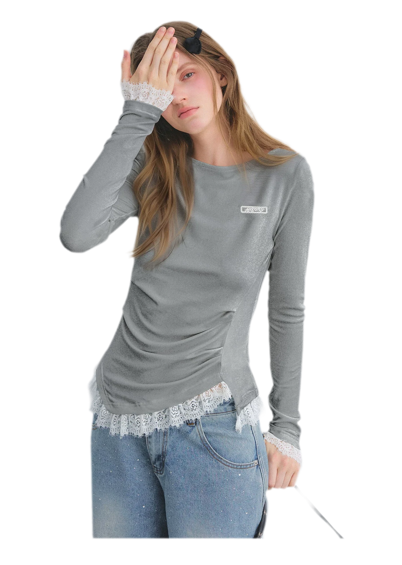 Lace Panel Ruched Hem Top
