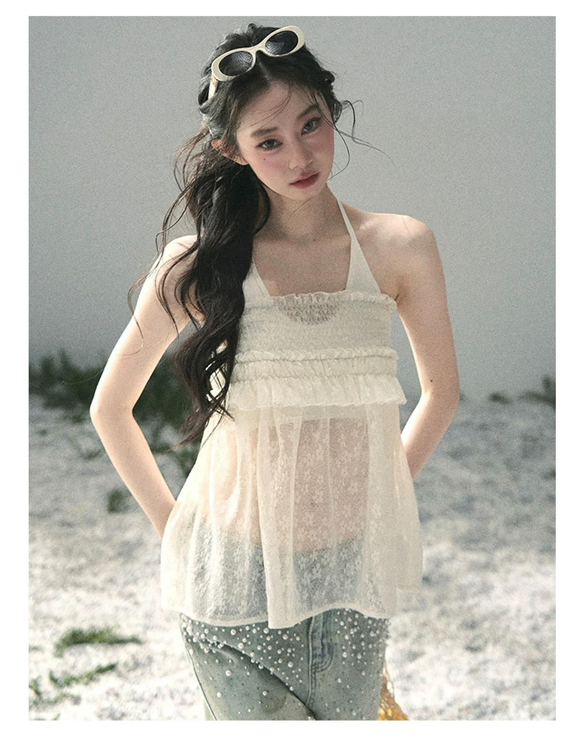 “Shattered Glass Veil” French Sheer Halter Lace Top