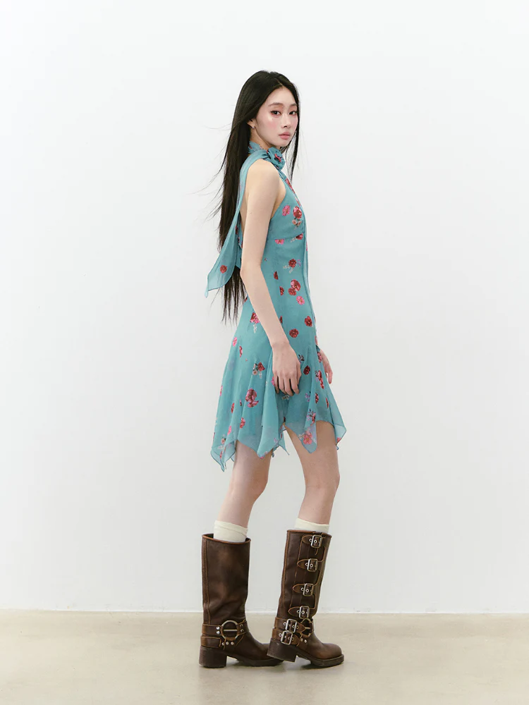 Blue Halter Printed Dress