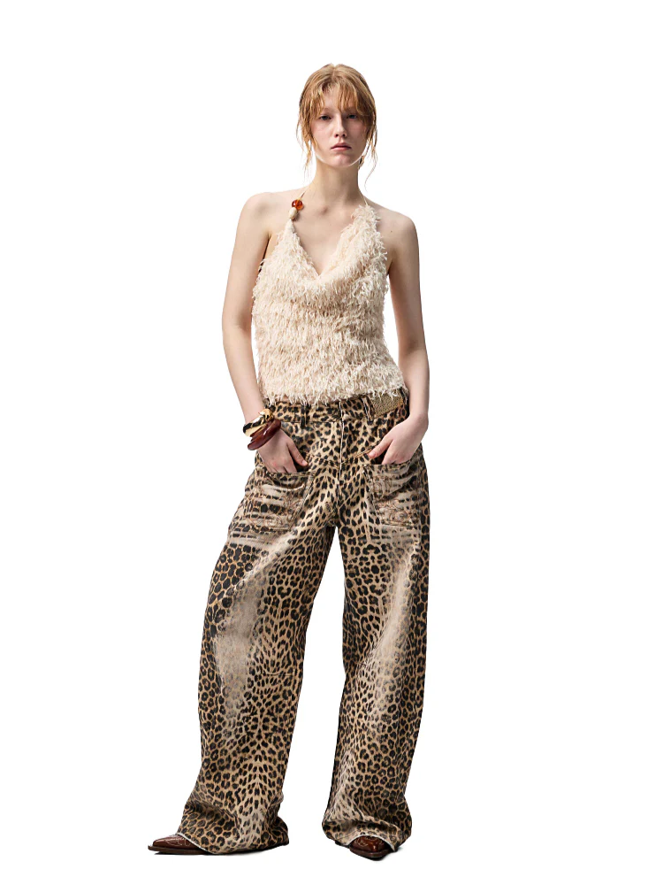Washed Leopard Print Canvas Curved Pants