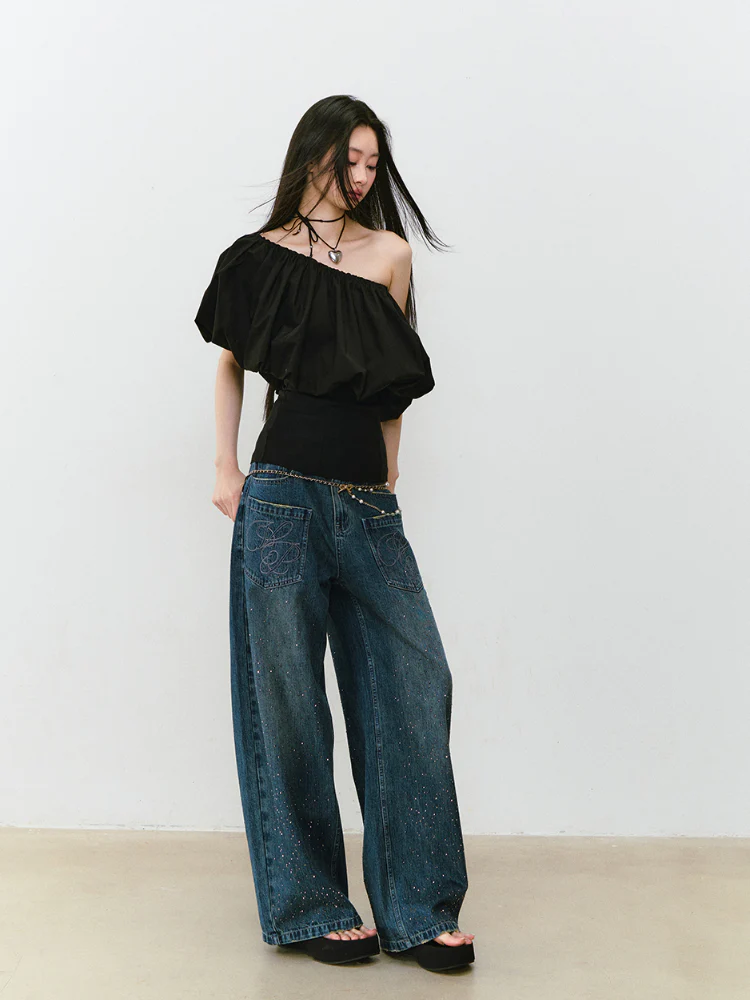 3D Rhinestone Wide - leg Denim Pants