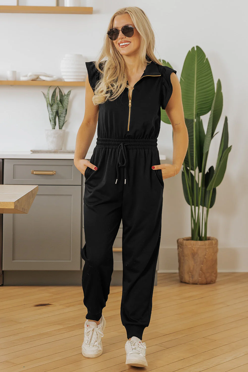 Zipper Flutter Sleeve High Waist Jumpsuit