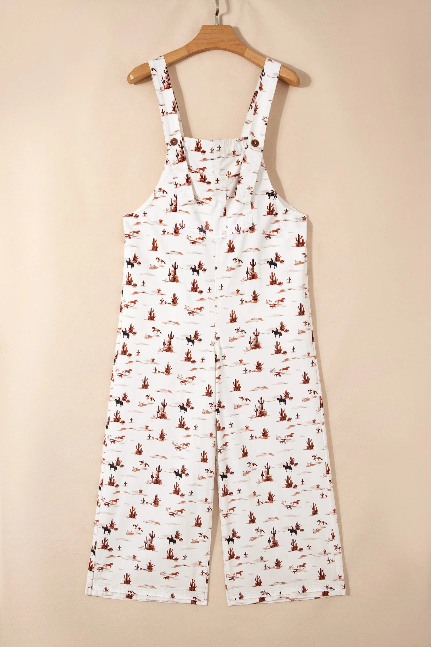 Beige Western Printed Button Adjustable Straps Loose Jumpsuit Dungarees