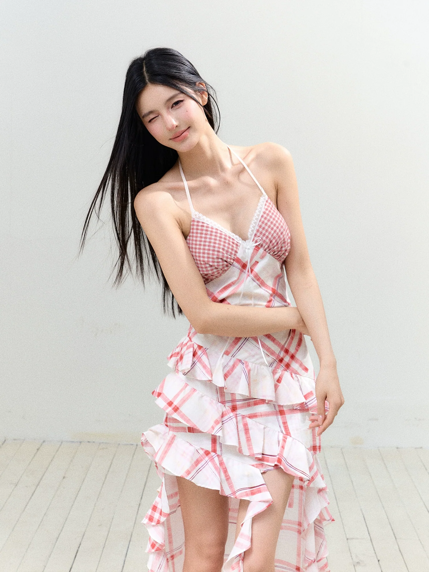 Asymmetric Ruffled Tie-Straps Dress