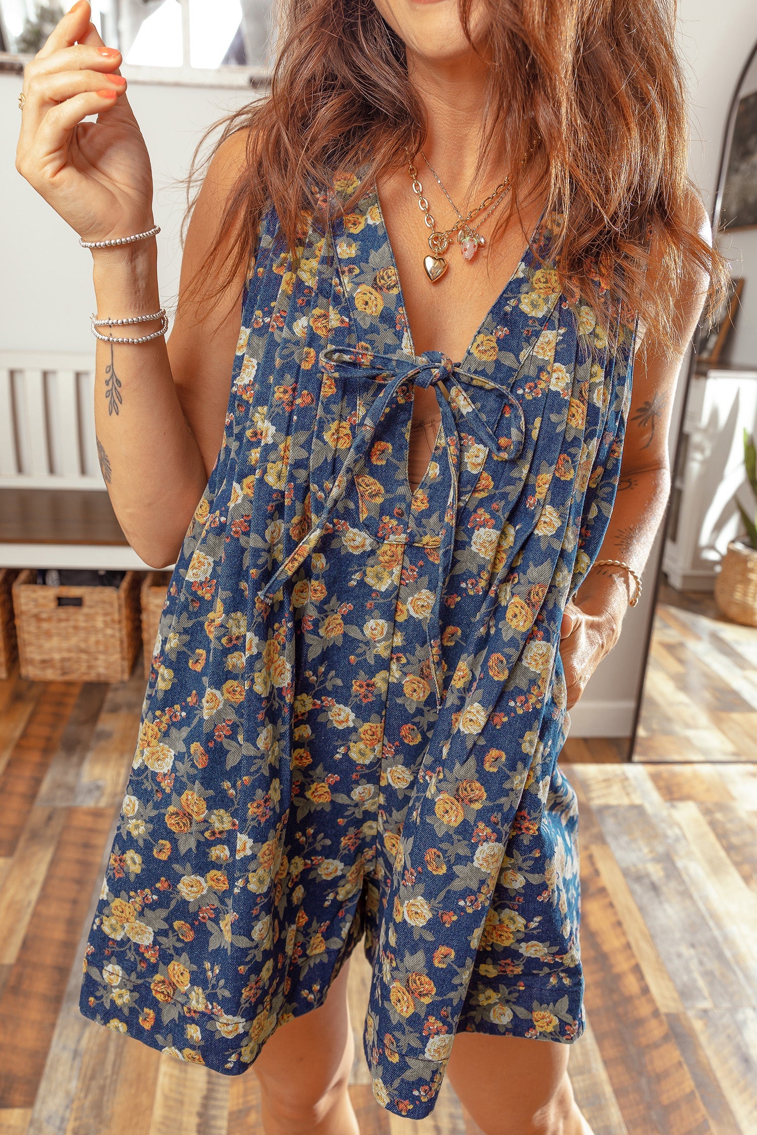 Blue Retro Floral Print Bow Tie Pleated Loose Denim Romper