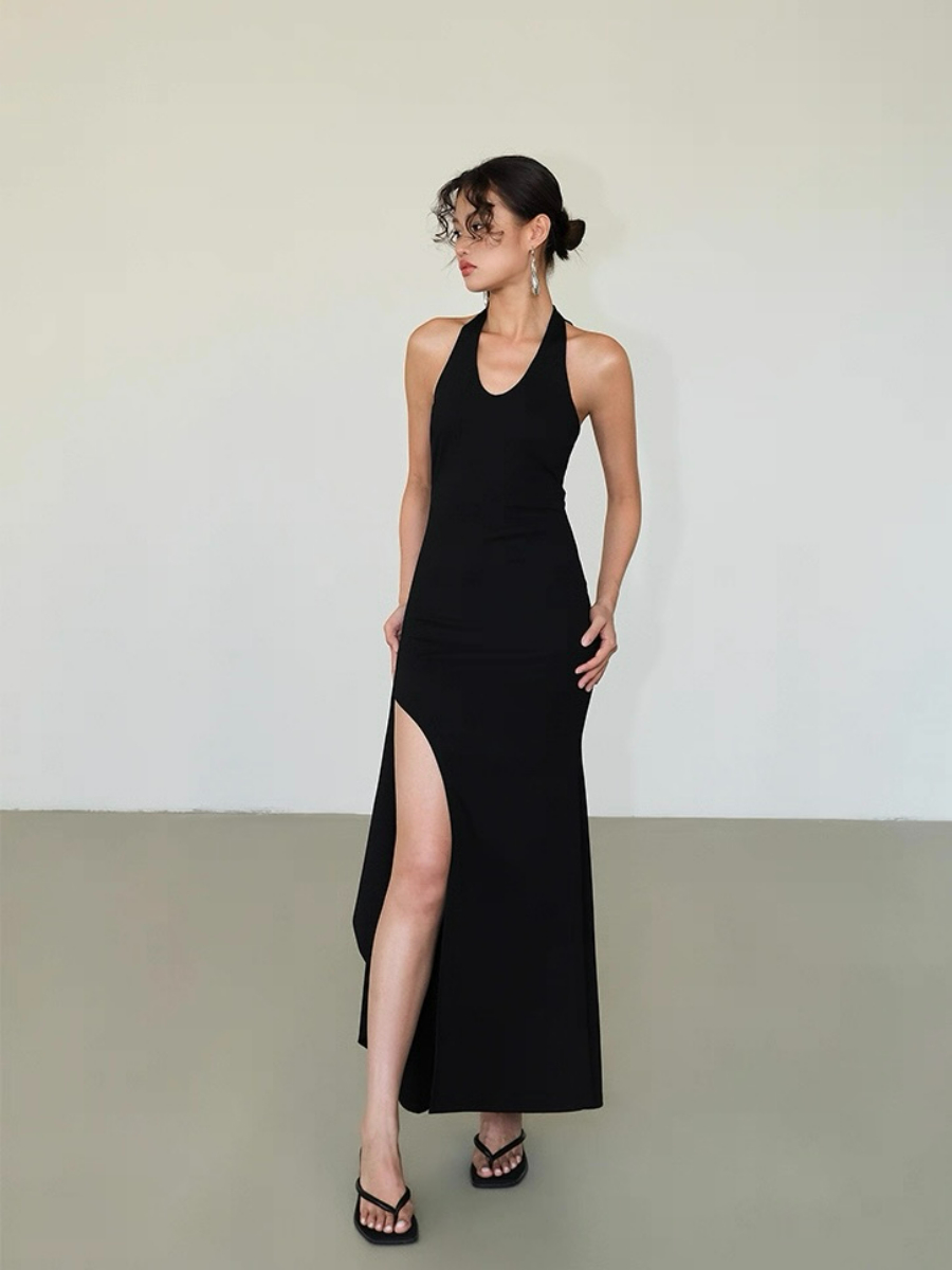 Alicia V-Neck High Slit Halter Tie Knit Dress