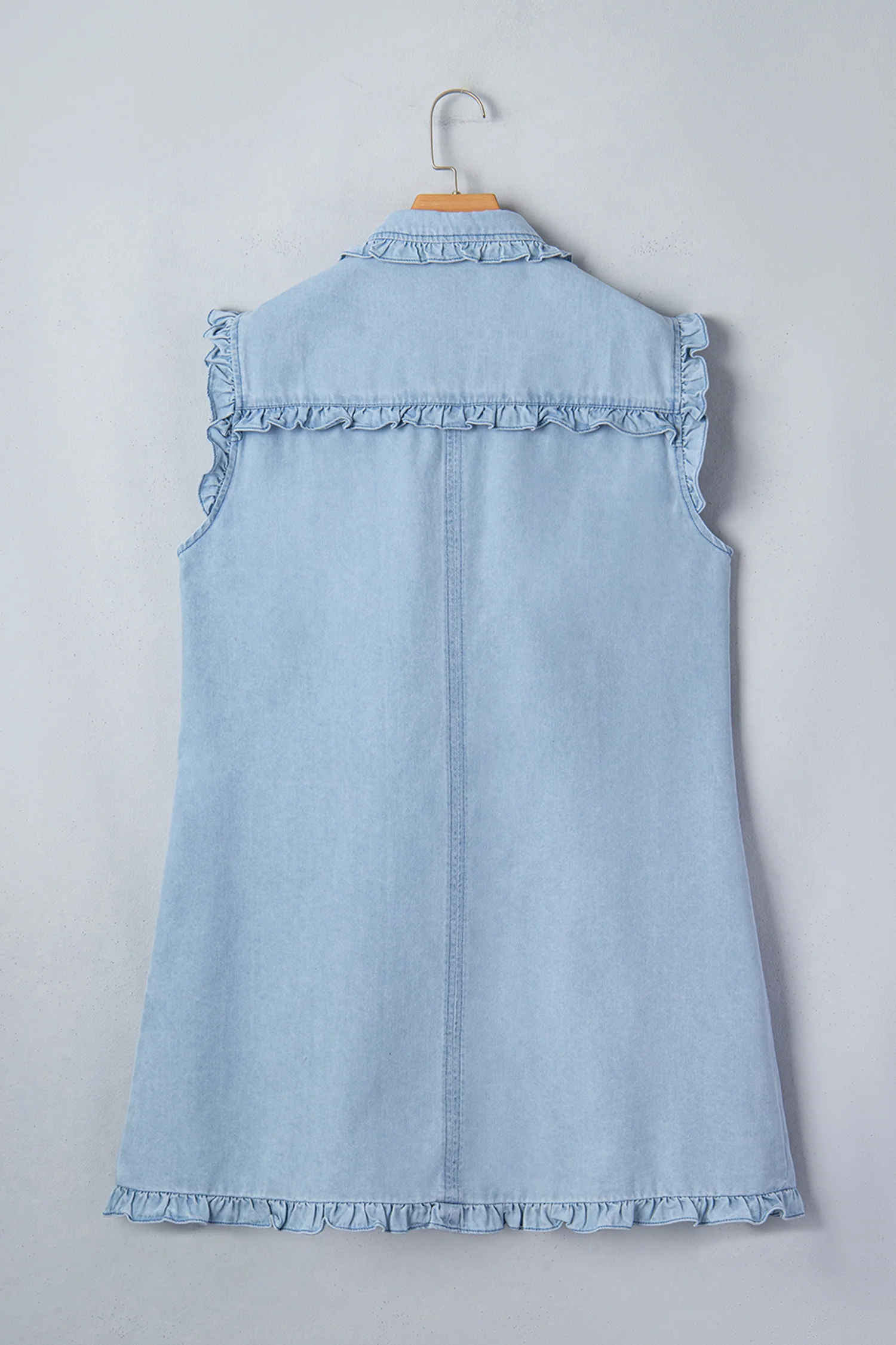 Chic Beau Blue Ruffled Edge Collared Shift Denim Dress with Pockets