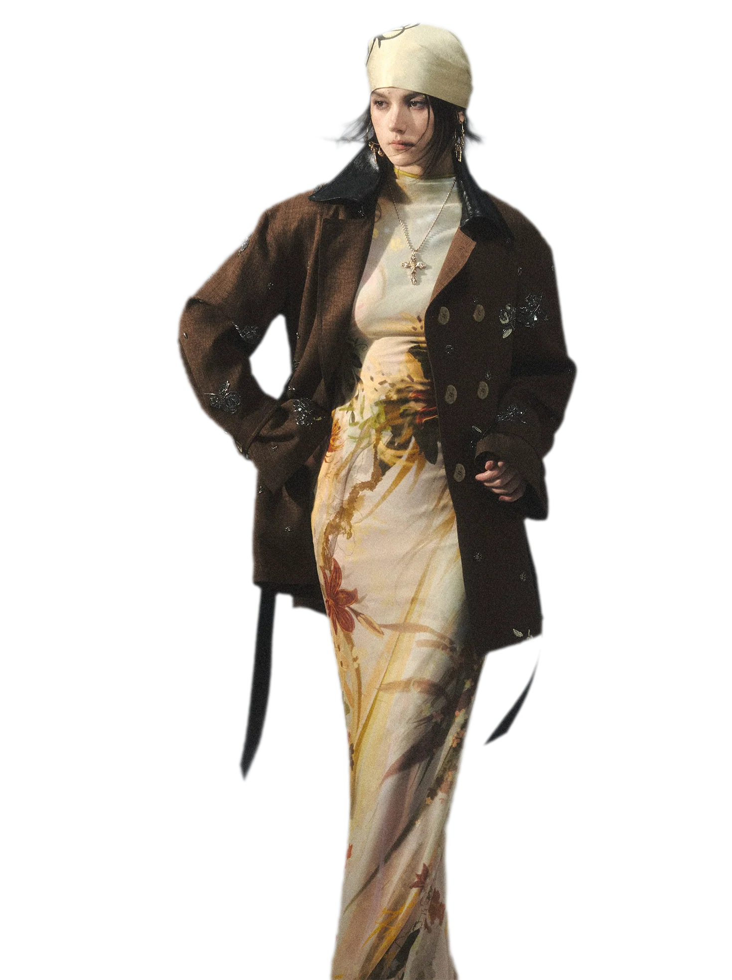 Beaded Embroidered Leather-Trim Trench Coat