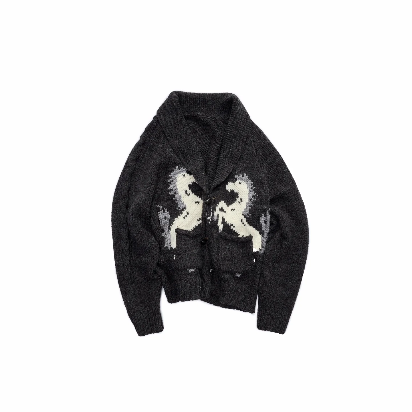 Pony Jacquard Horn-Button Chunky Cardigan