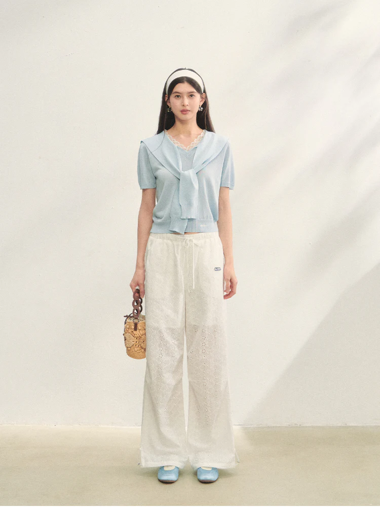 Hollow Embroidery Tie-up Casual Pants