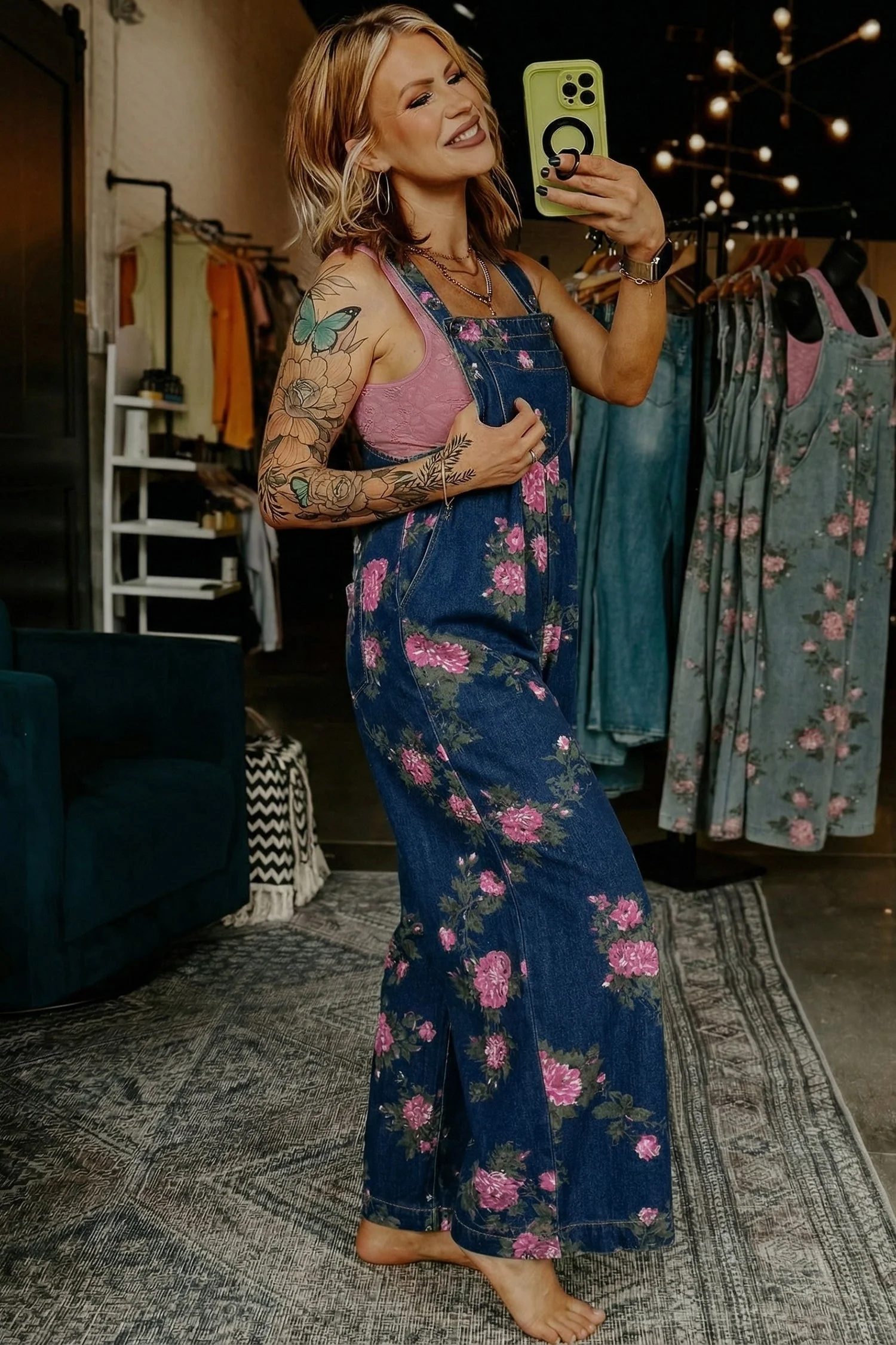 Blue Beau Floral Print Pleated High Waist Wide Leg Denim Jumpsuit