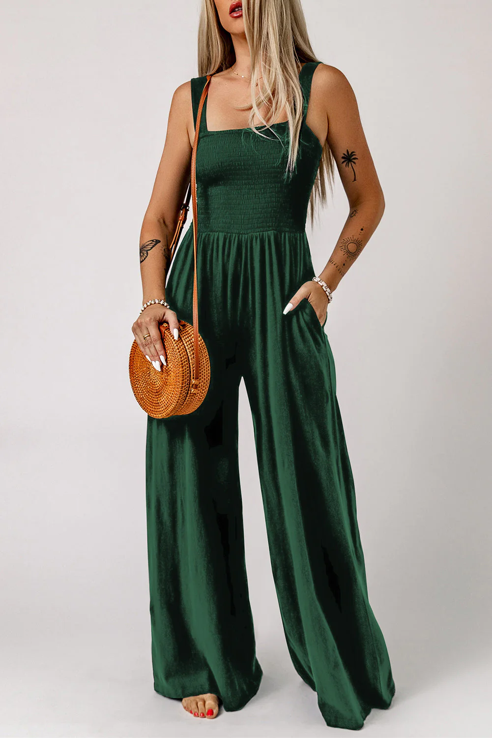 Smocked Sleeveless Wide Leg Jumpsuit