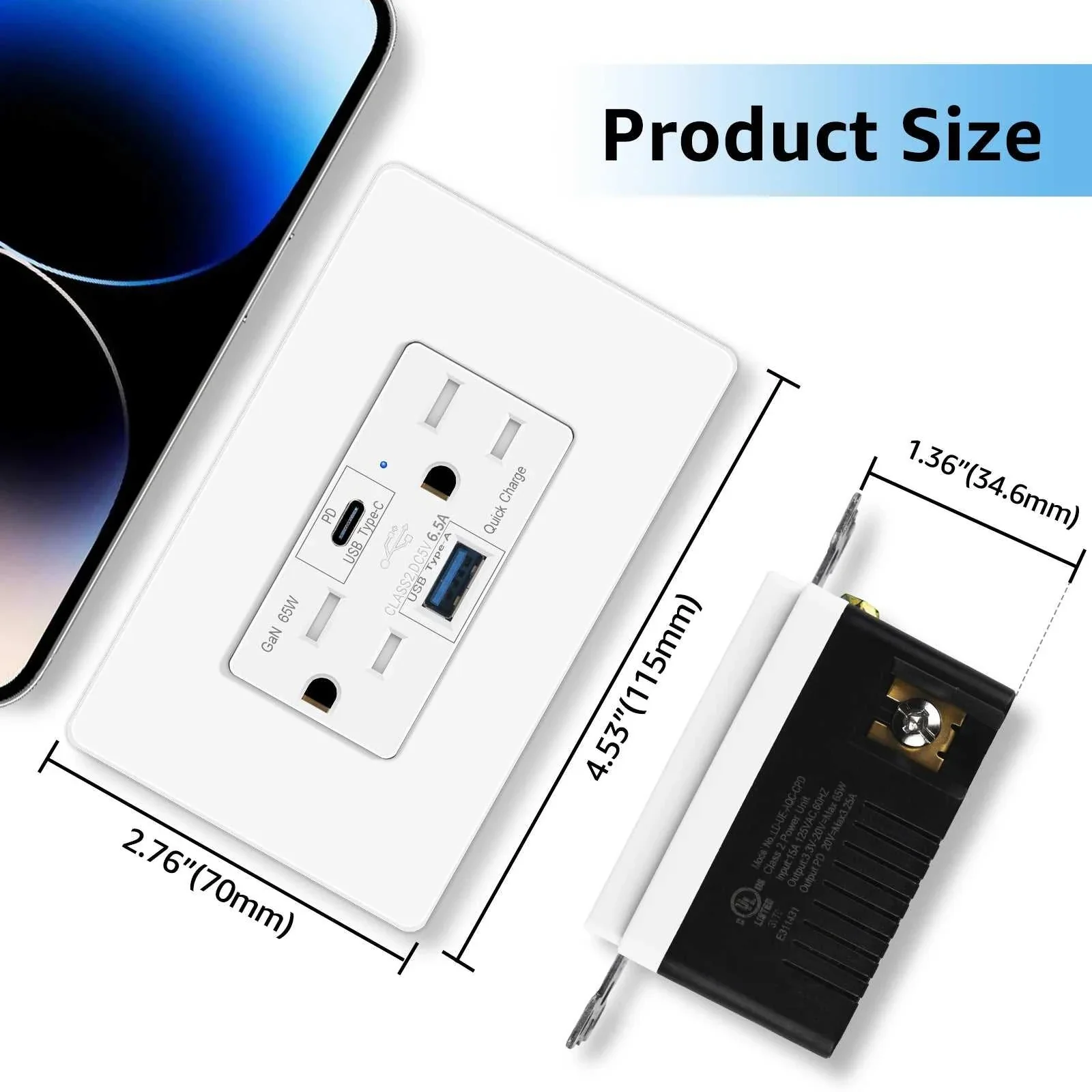 PD 65W USB-C Fast Charging Wall Socket Outlet