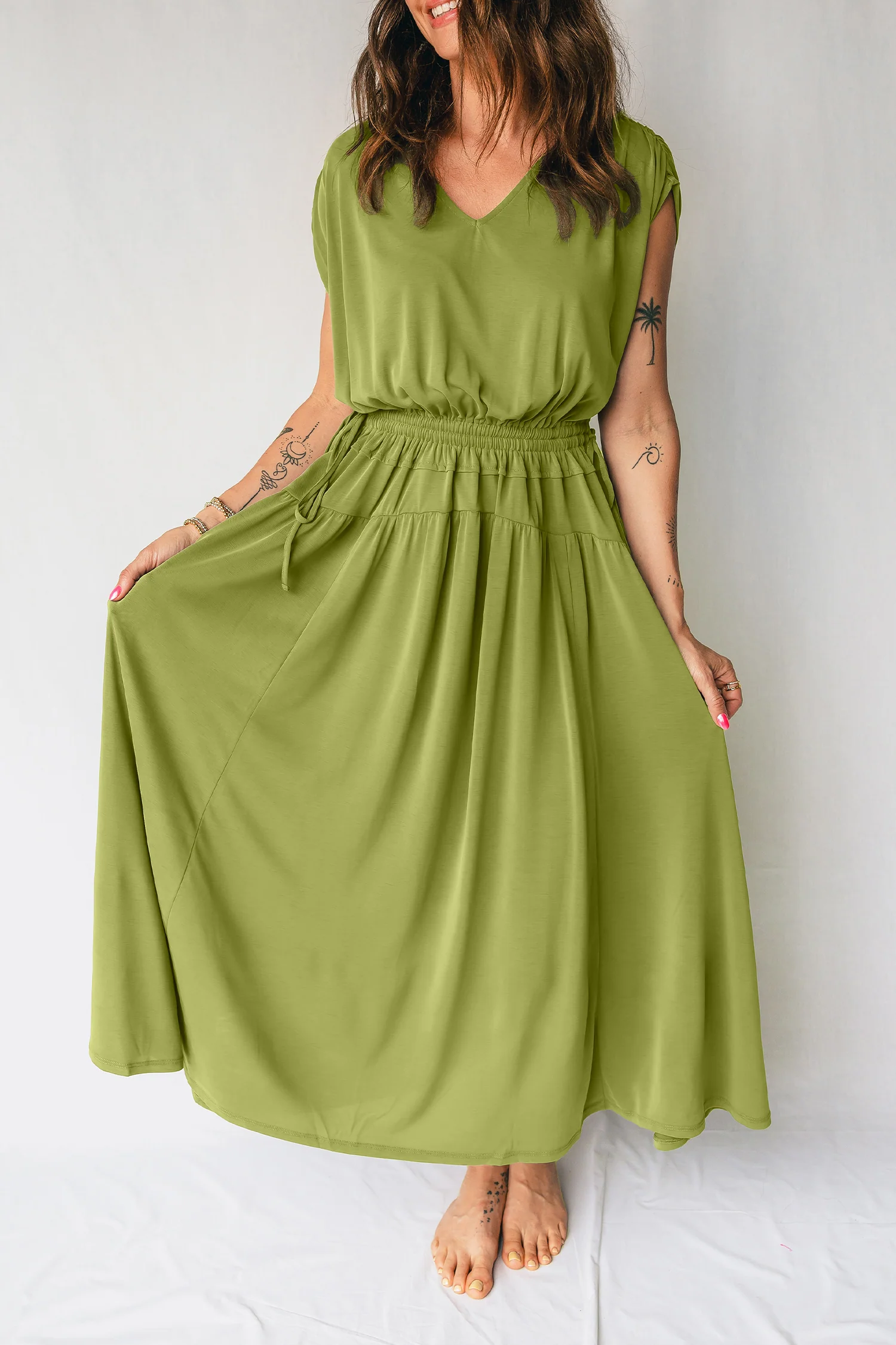 Solid V Neck Cap Sleeve Tunic Elastic Waist Versatile Maxi Dress