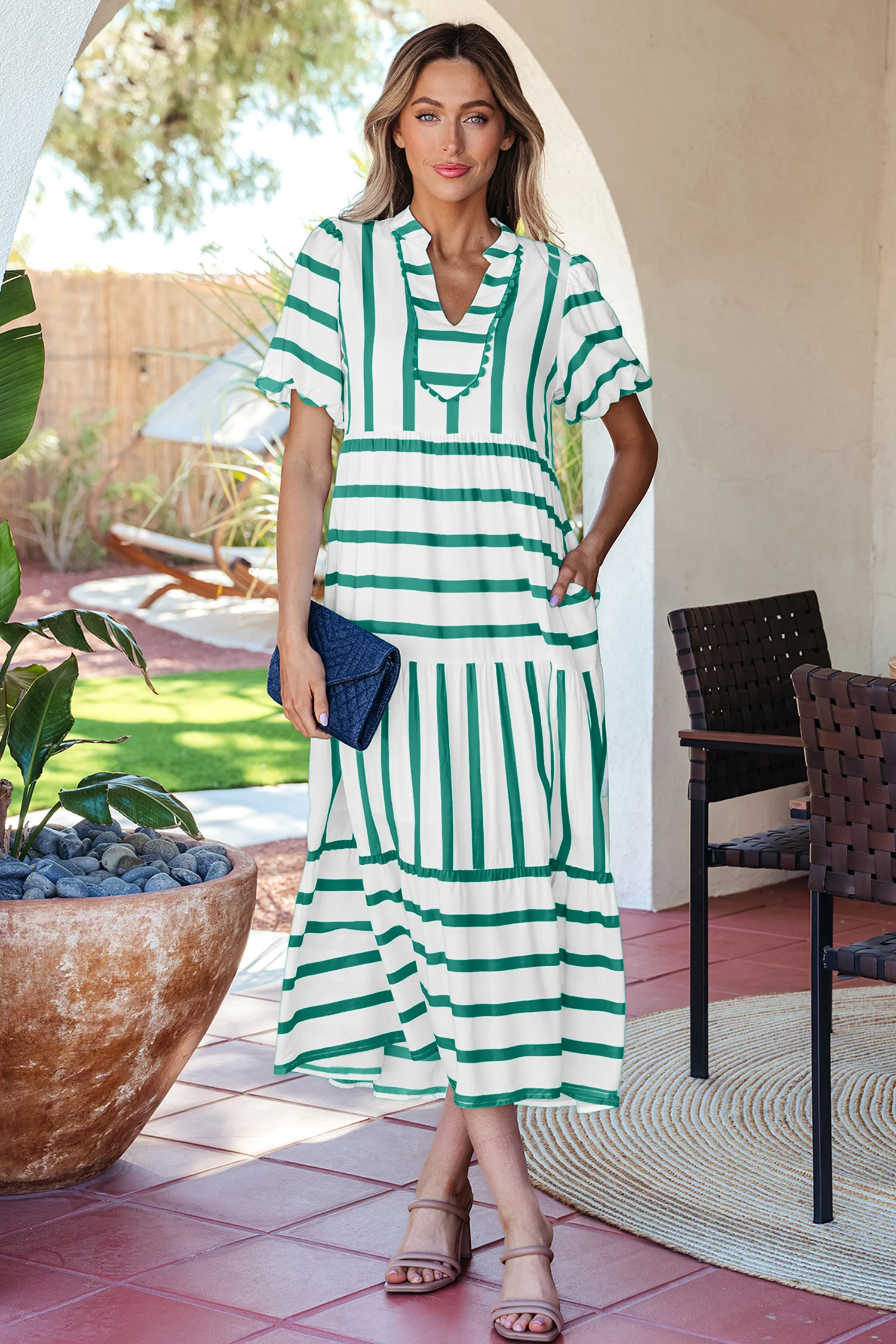 Green Stripe Half Sleeve Vacation Maxi Dress