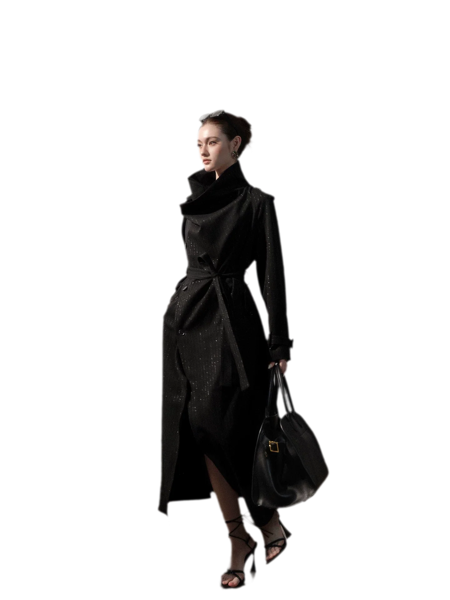 Silver-Thread Striped Long Trench Coat