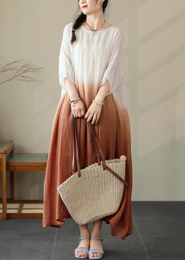 Dress Sleeve Color Loose Half Cotton Brown Pockets Gradient