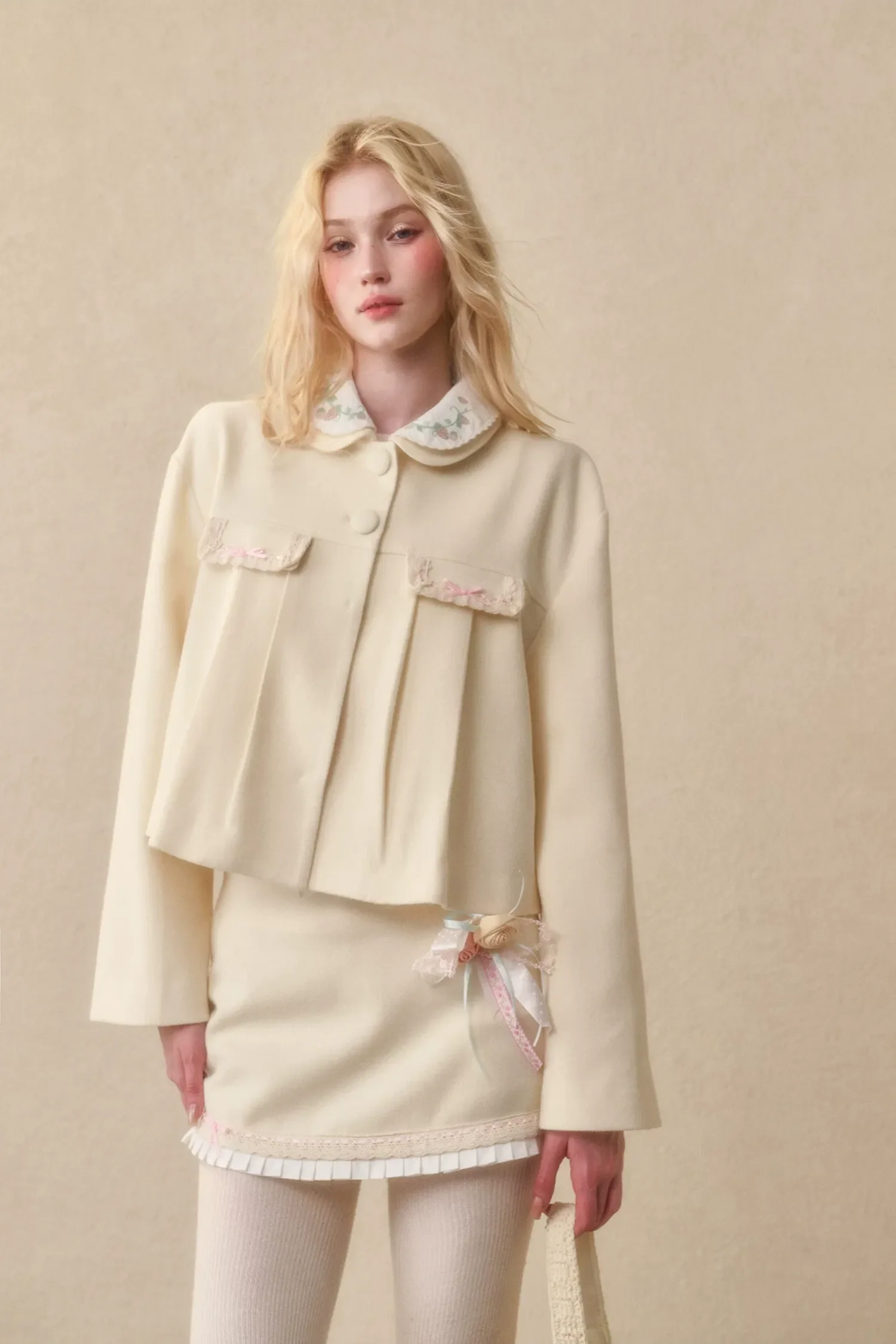 Embroidered Boxy Jacket Skirt Set