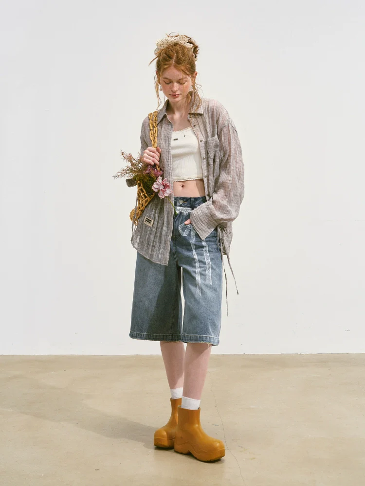 Imitation-Lace Printed High-Waist Denim Mid-Length Pants