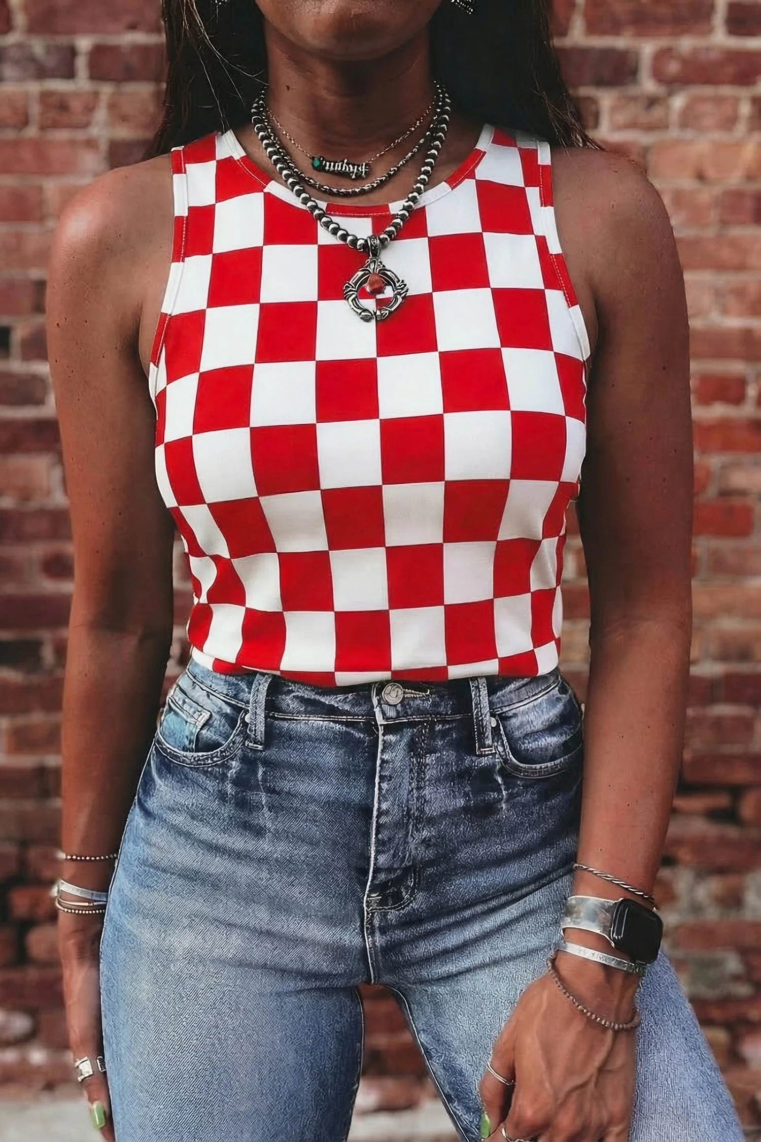 Red Checkerboard Printed Slim Tank Top