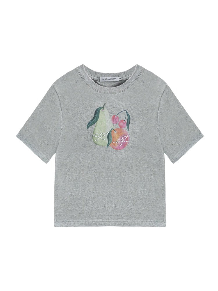 Printed Pearl-Decorated Short-Sleeve T-Shirt