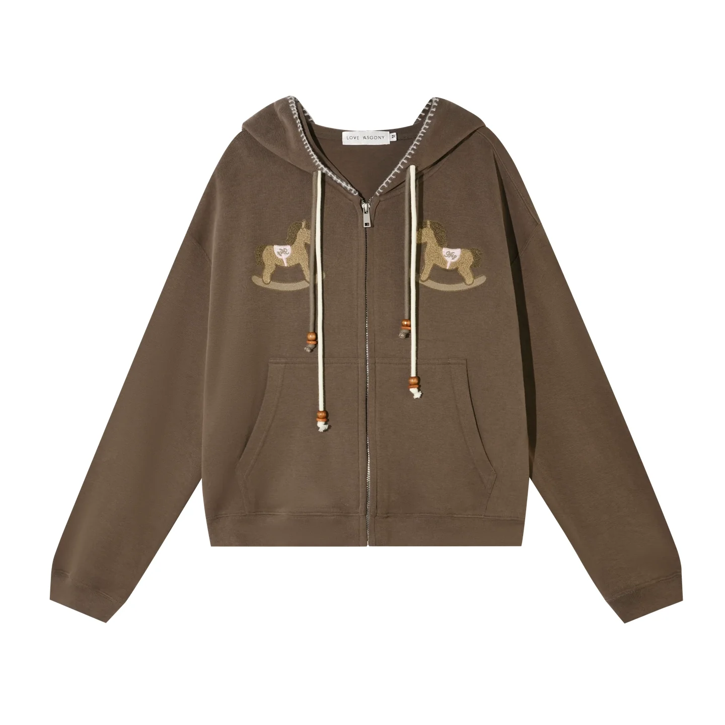Embroidered Horse Beaded Zip-up Hoodie & Pants Set