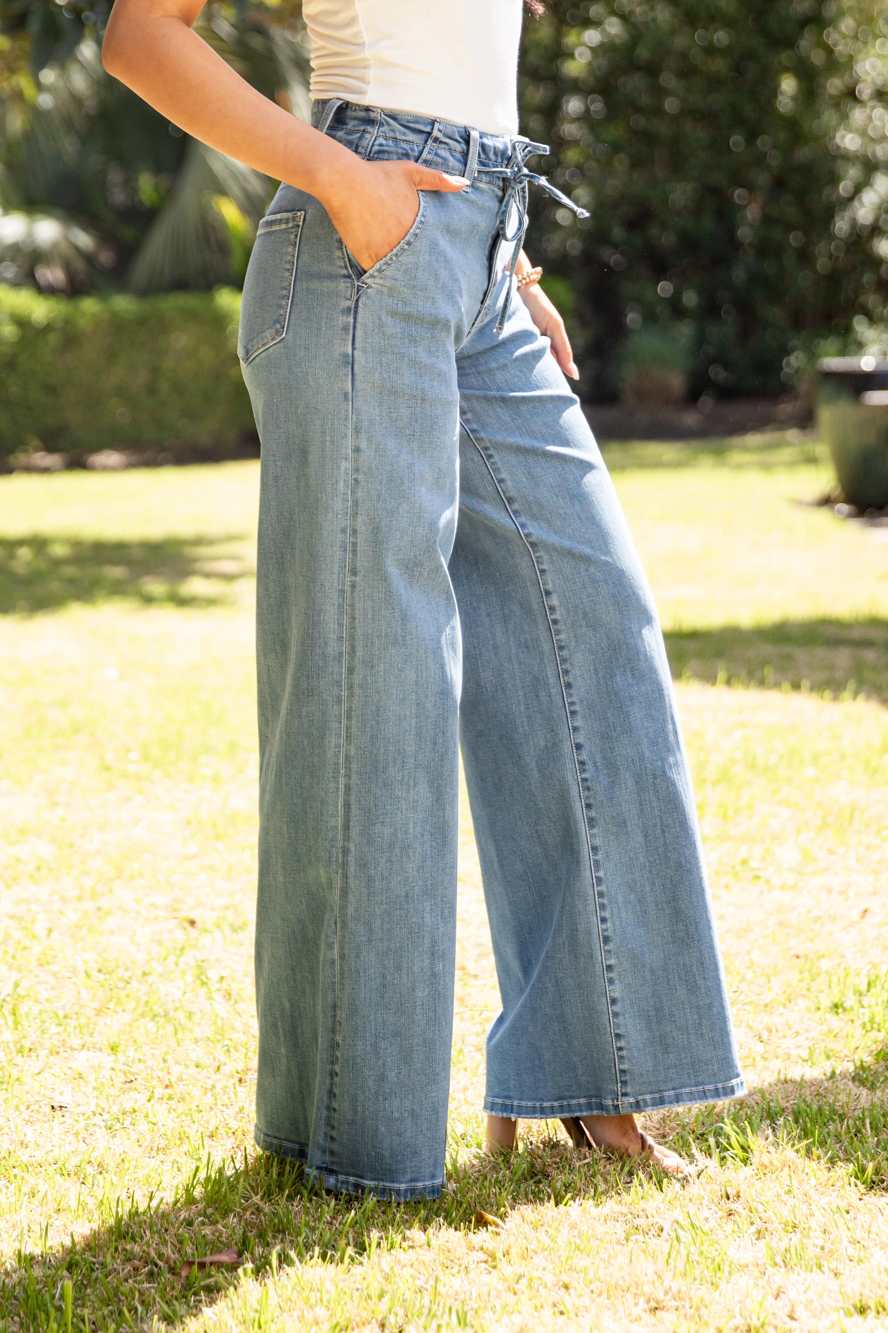 High Rise Light Wash Tie Waist Palazzo Jeans