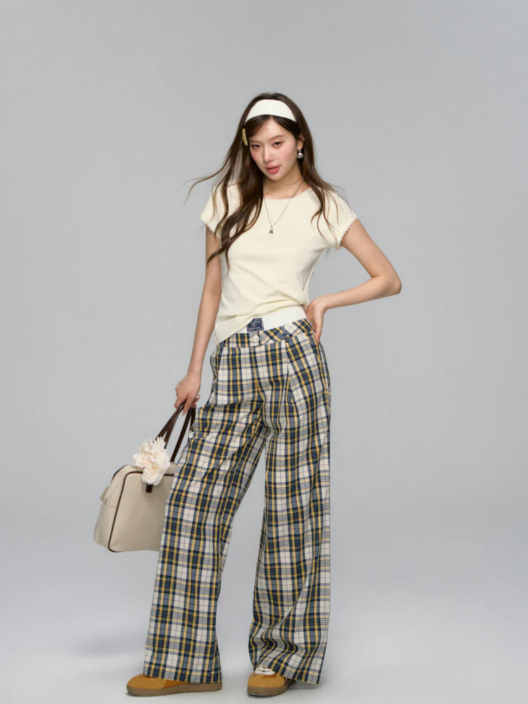 White Waistband Spliced Plaid Trousers