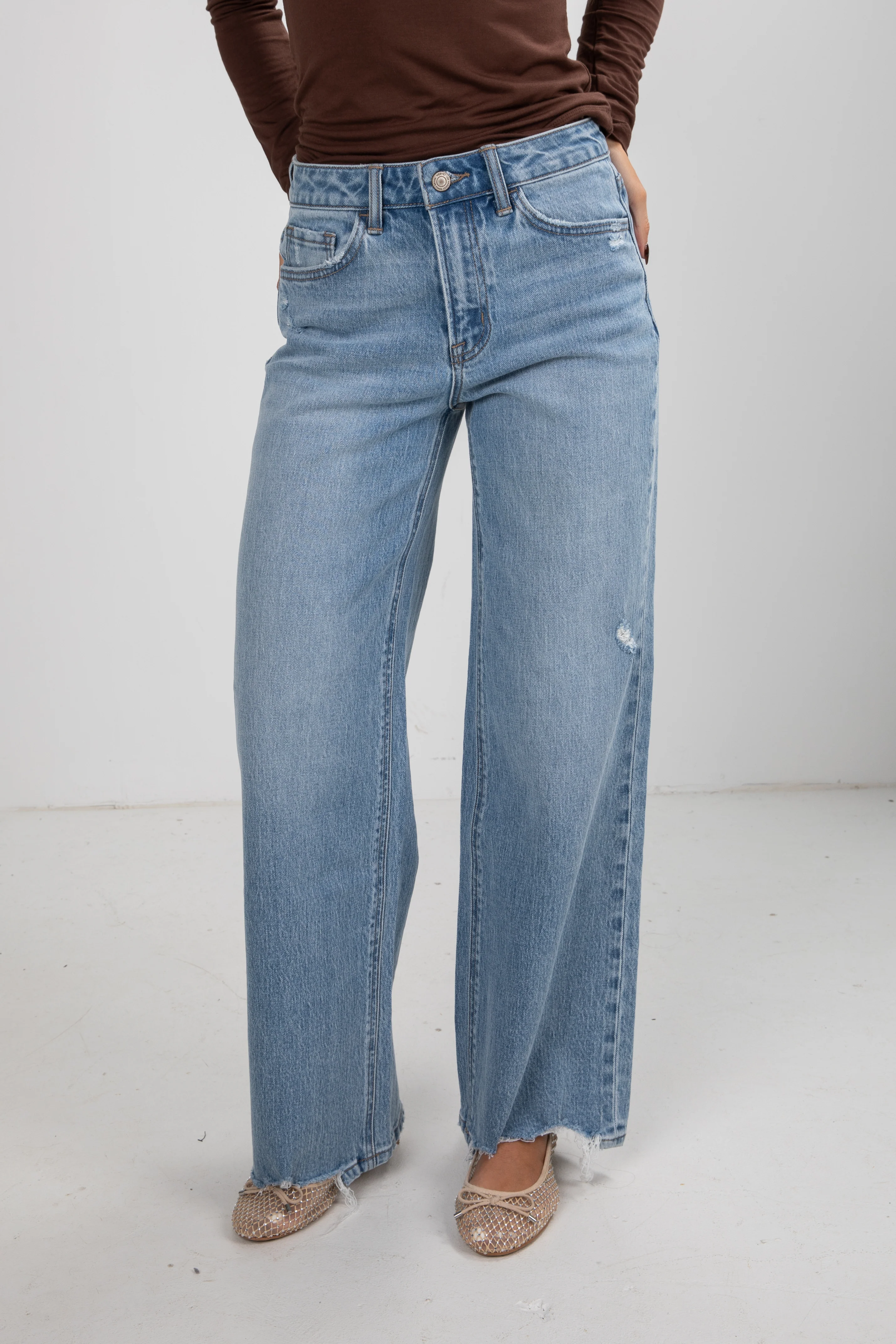 Light Wash High-Rise Distressed Wide Leg Jeans