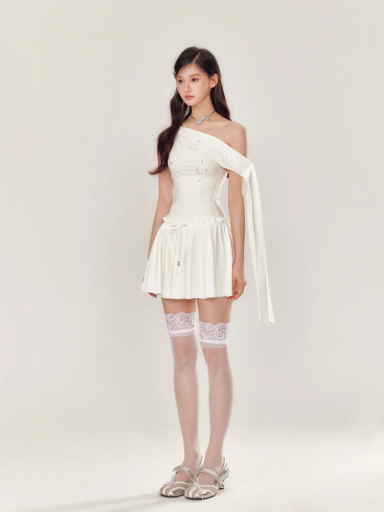 Off-Shoulder Pearl and Rhinestone Puff Dress