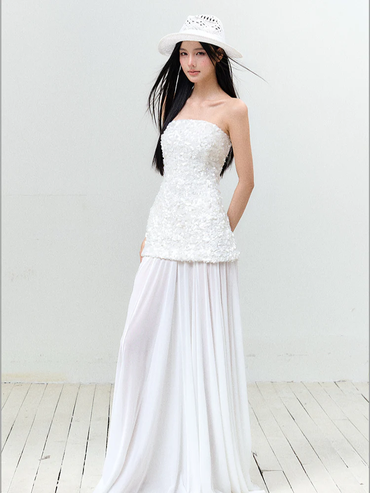 Sequin Mesh Strapless Dress