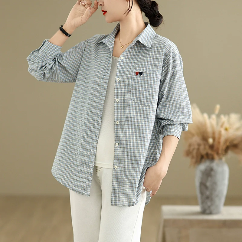 Stylish Casual Long-Sleeved Plaid Cotton Shirt for Women