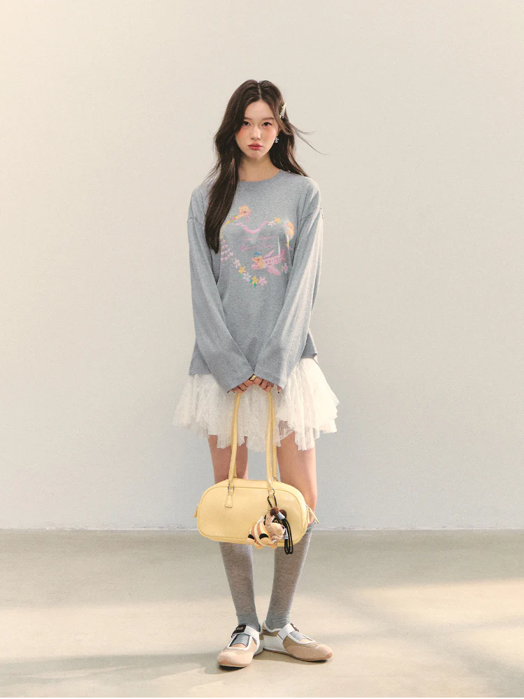 Crew Neck Dog Print Long-Sleeve Tee