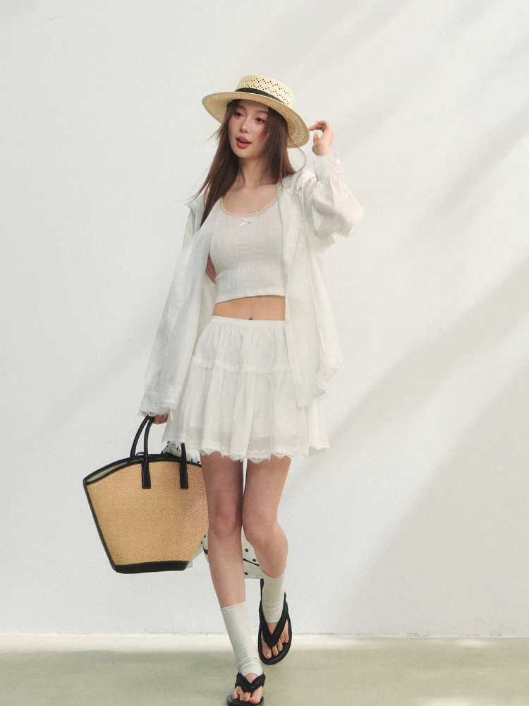 White Lace Panel Hooded Coat & Skirt Set