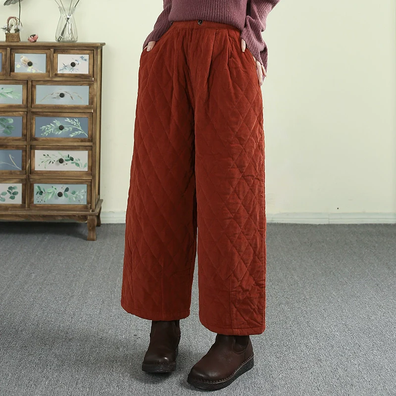 Women Winter Corduroy Quilted Solid-Color Cotton Wide-Leg Pants