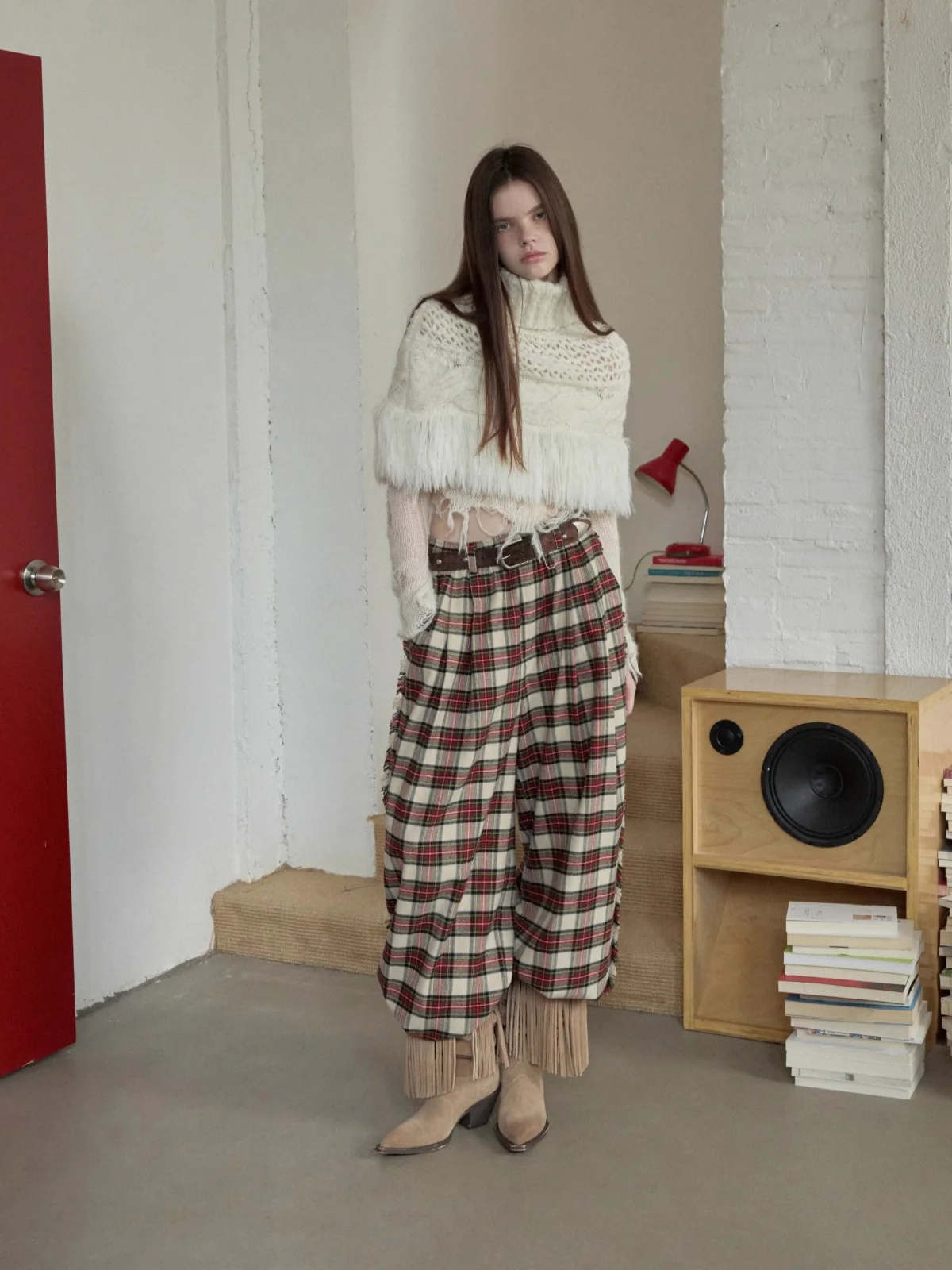 Cable Knit Fringed High-Neck Wool Blend Poncho