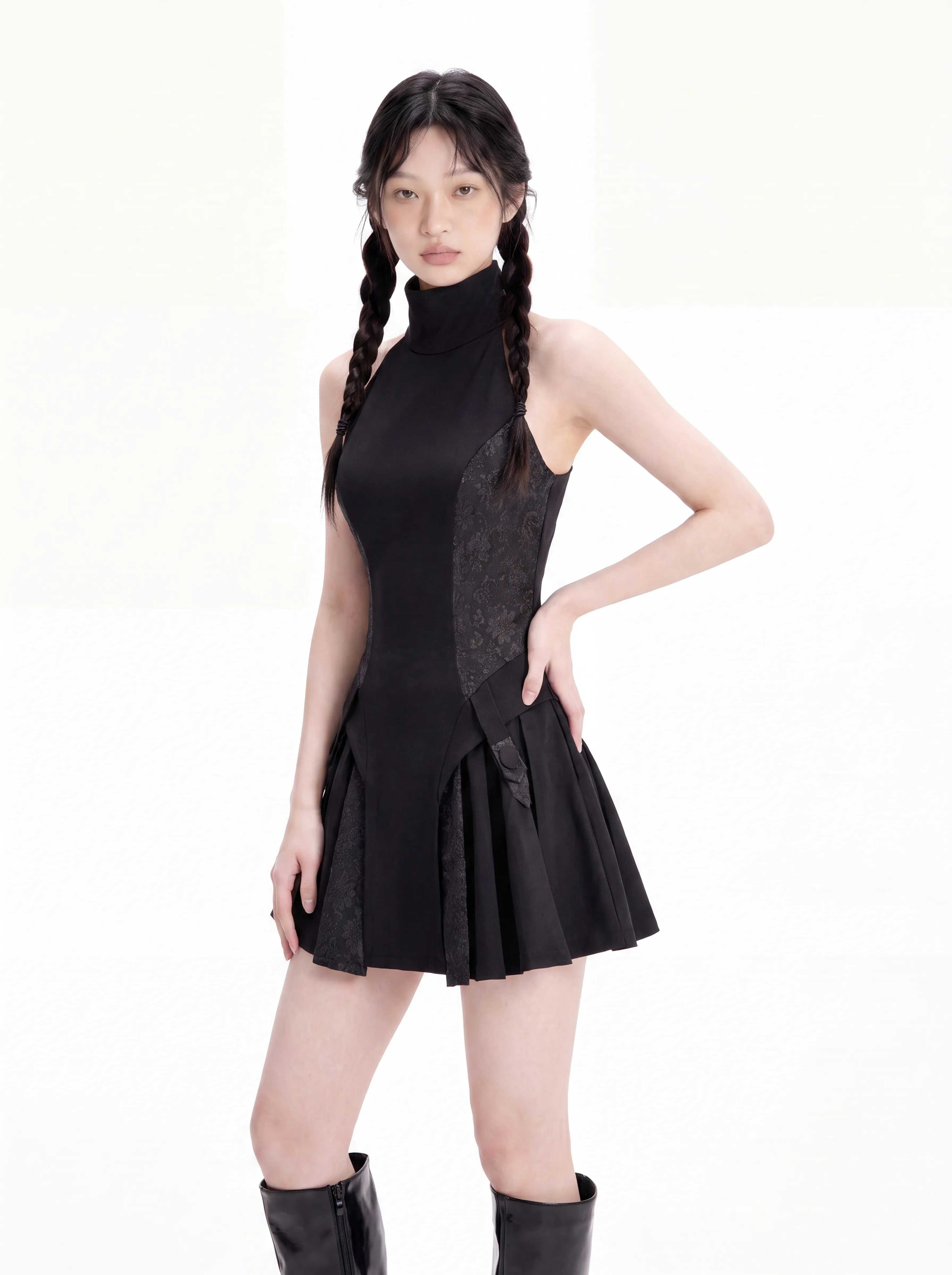 Black High-Neck Halter Mini Dress | Gothic Jacquard Pleated Skirt Dress