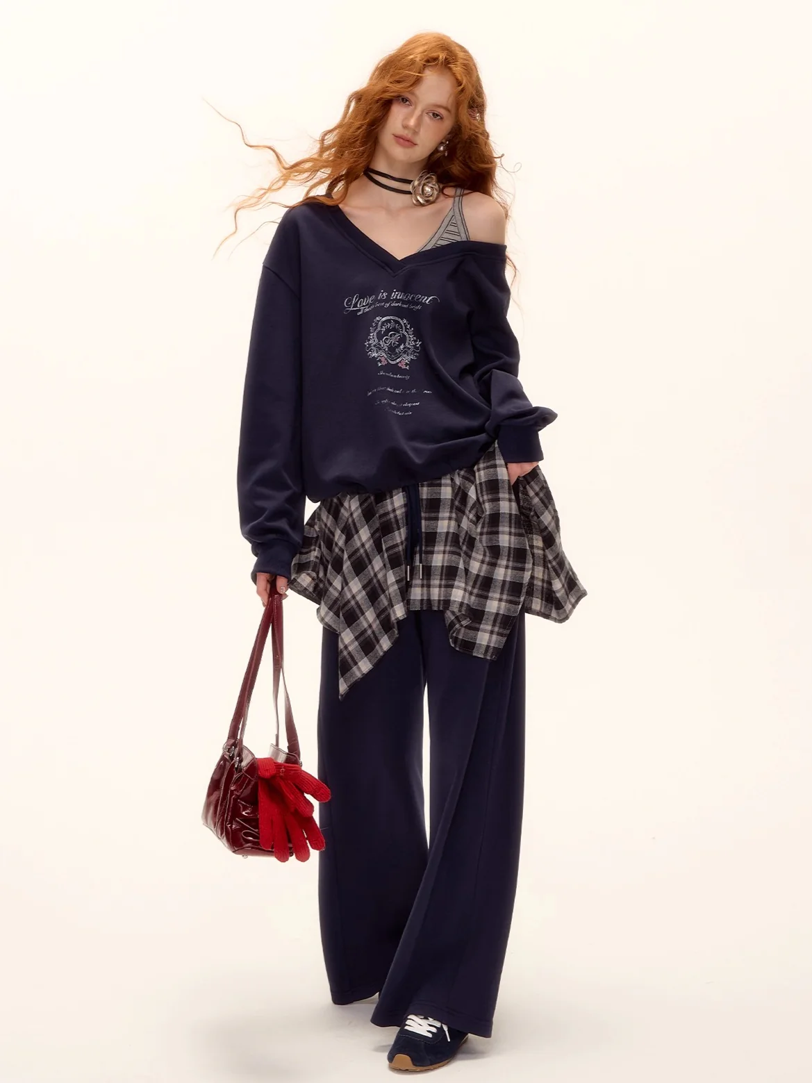 Asymmetric Shoulder Striped Fleece Tracksuit Set