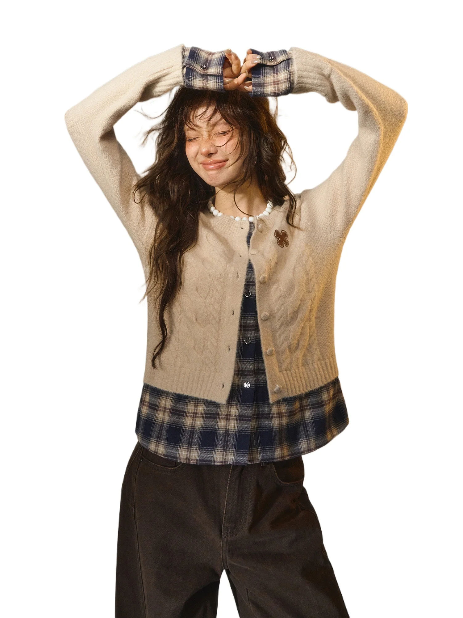 Layered Plaid Patchwork Cable Knit Cardigan