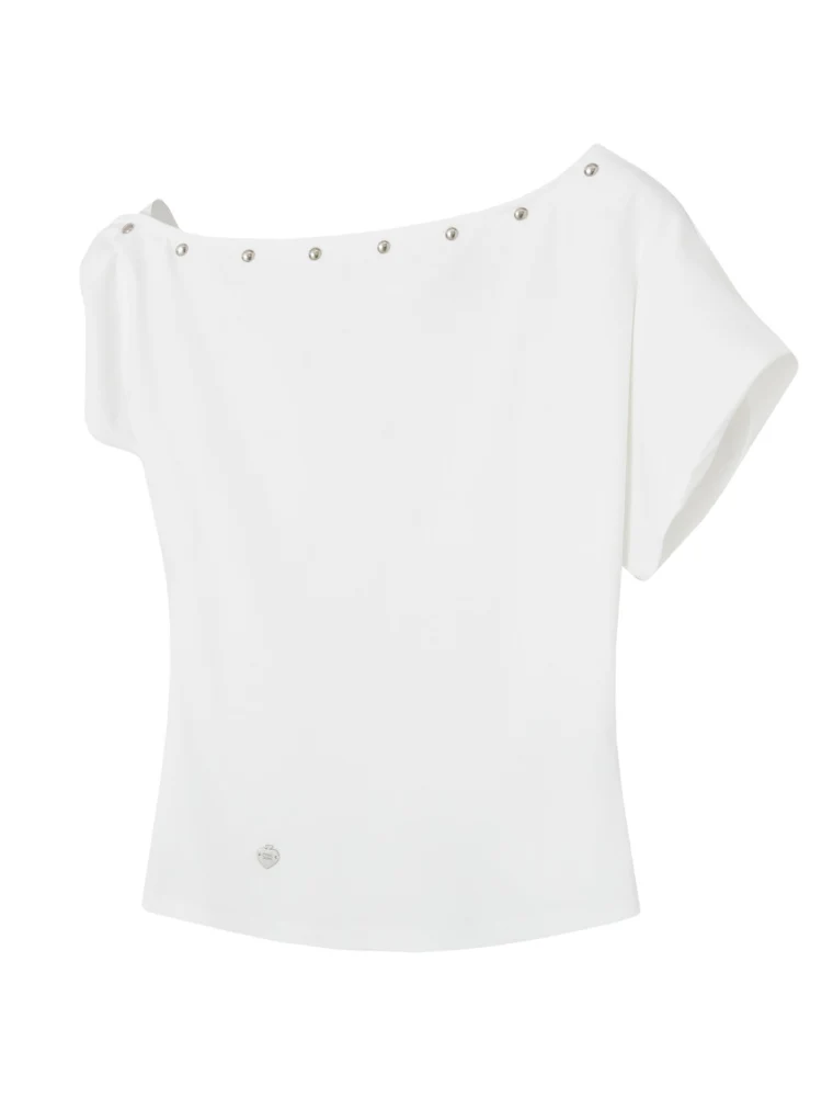 Off-Shoulder Asymmetric Twist Knot Half-sleeve Top
