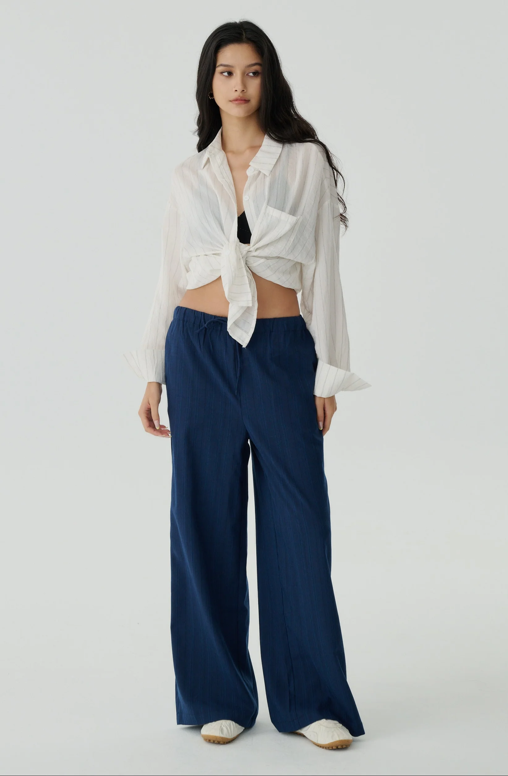 Max comfy linen stripes pants in navy