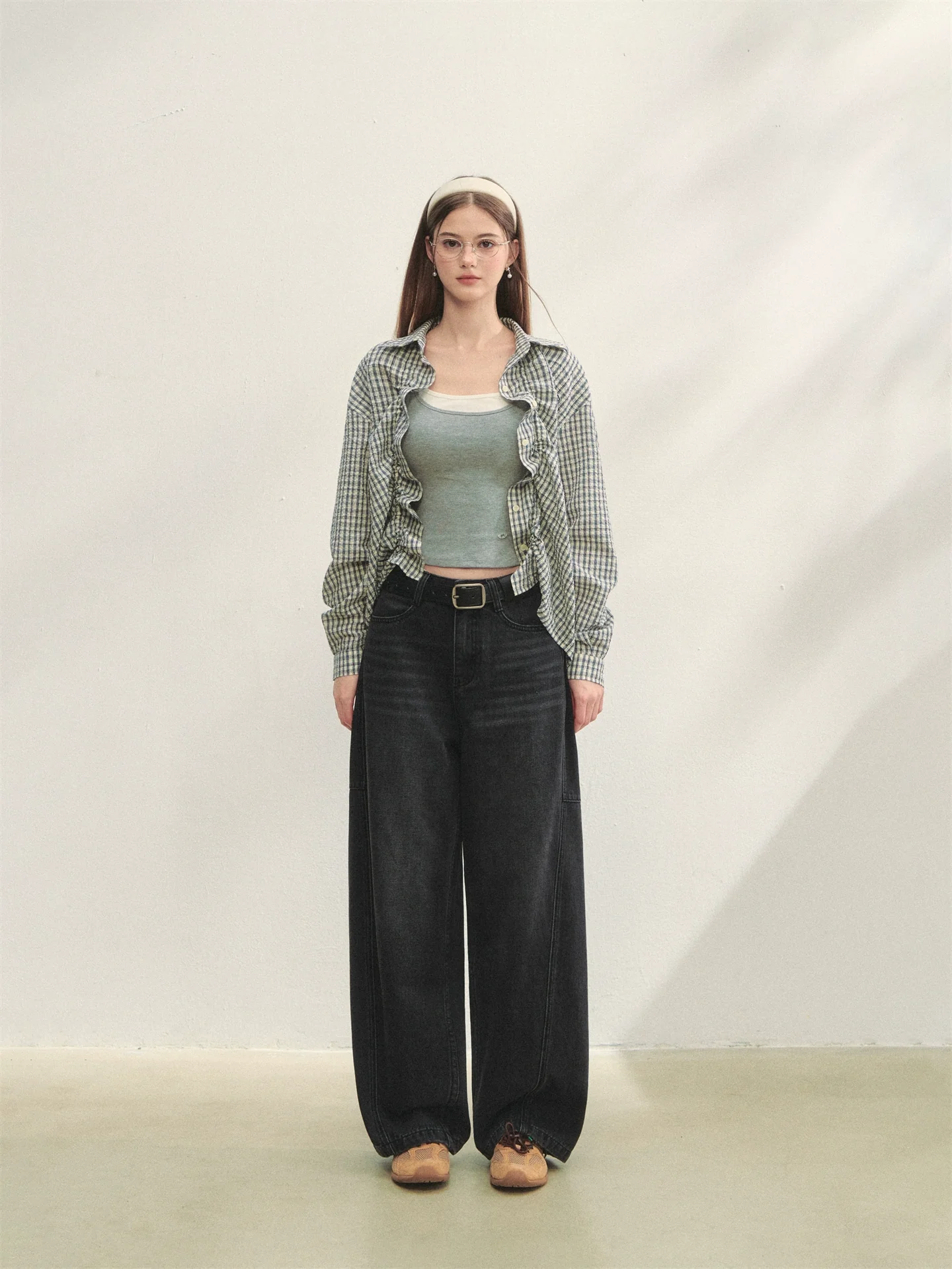Checked Panel Tie-Waist Jeans
