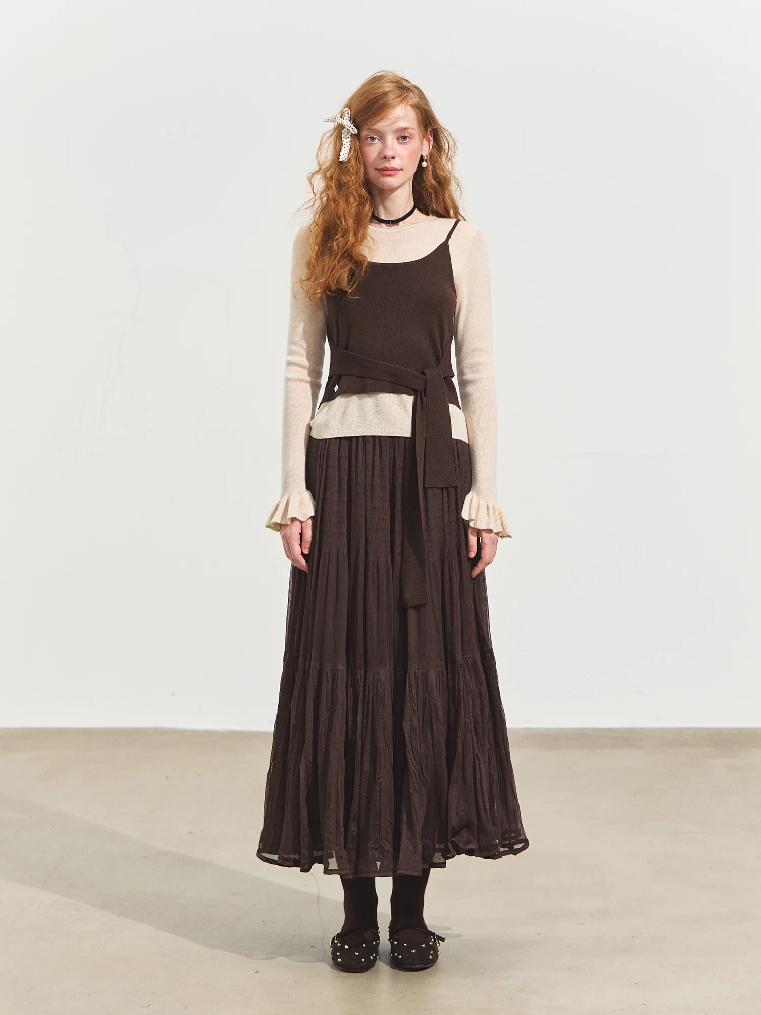Contrast-Tie Layered Crewneck Knit Sweater