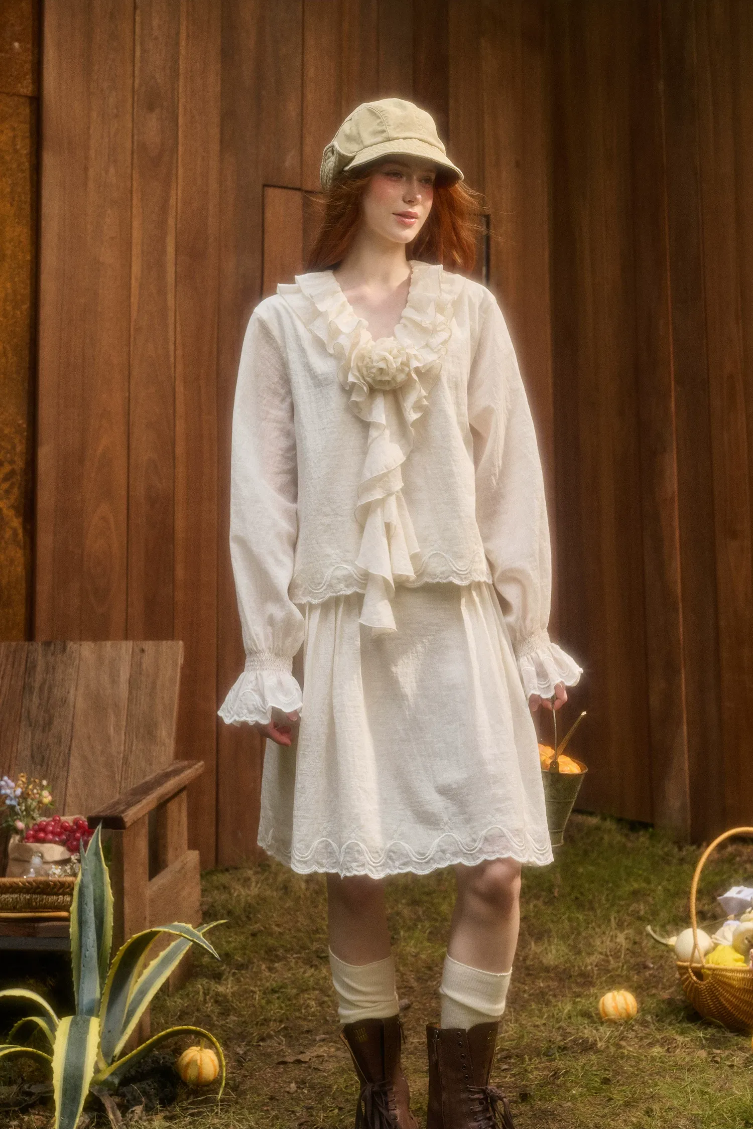 Embroidered Ruffle Blouse Skirt Set