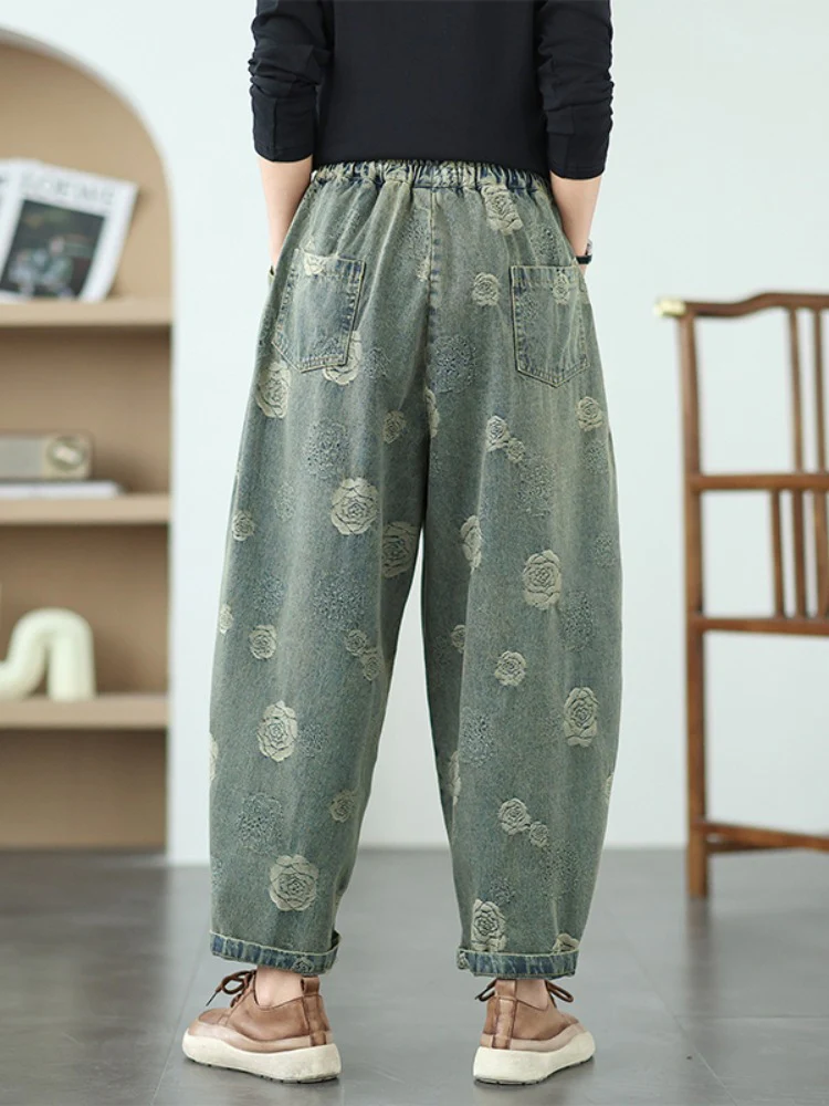 Women Spring Retro Denim Printed Rose Casual Harem Pants