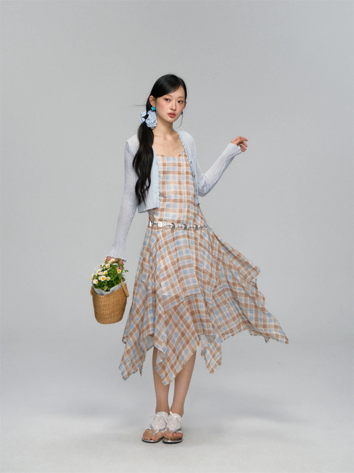 Plaid Ruffle Hem Midi Dress